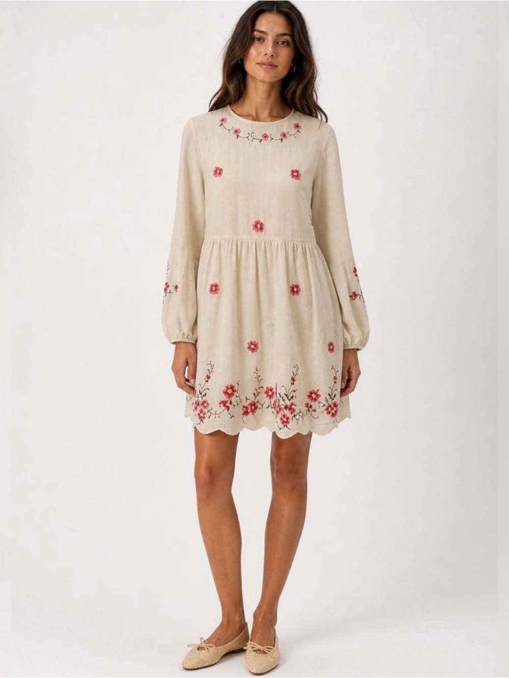 NWT Caroline Constas Embroidered Cream Long-Sleeve Mini Dress with pink flowers.